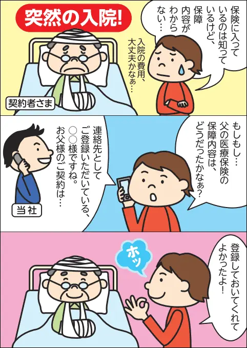 入院した父の医療保険の内容が分からない息子が保険会社に連絡し、登録されていた連絡先だったため契約内容を確認できて安心する様子を描いた漫画。