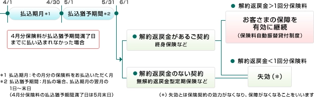 保険料の支払いが遅れた場合のフロー図。払込猶予期間までに支払われなかった場合、解約返戻金のあるご契約（終身保険など）の場合は、お客様の保障を有効に継続（保険料自動振替貸付制度）または解約返戻金が1回分保険料未満なら失効。解約返戻金のないご契約（無解約返戻金型定期保険など）の場合は、失効となる。