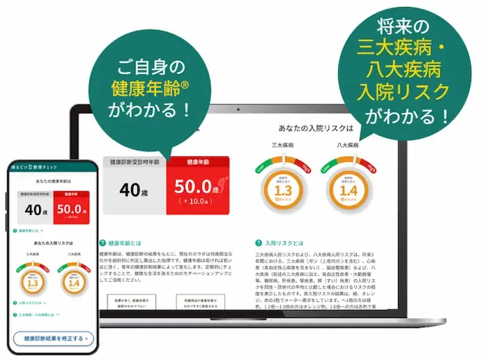ご自身の健康年齢®がわかる！ 将来の 三大疾病入院リスクがわかる！