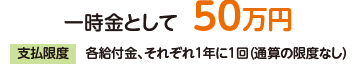 一時金として50万円。支払限度:各給付金、それぞれ1年に1回(通算の限度なし)