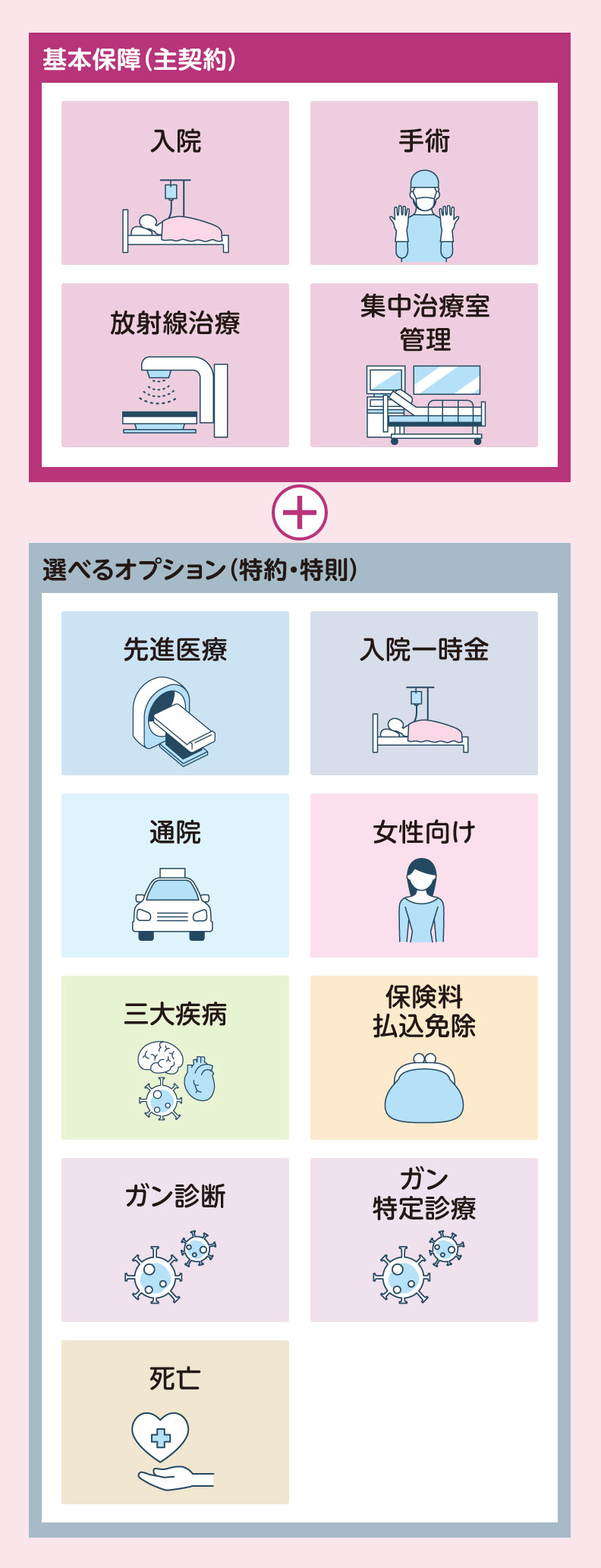 基本保障（主契約）＋選べるオプション（特約・特則）