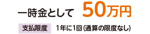 一時金として50万円 支払限度額/1年に1回(通算の限度なし)