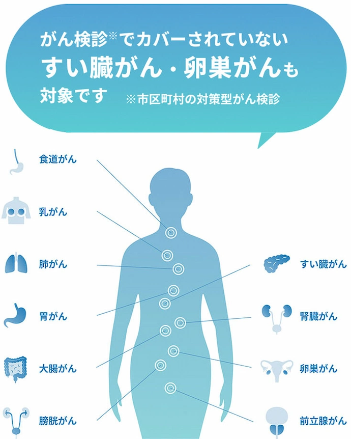 食道がん・乳がん・肺がん・胃がん・大腸がん・膀胱がん・すい臓がん・腎臓がん・卵巣がん・前立腺がん※がん検診(市区町村の対策型がん検診)でカバーされていないすい臓がん・卵巣がんも対象です